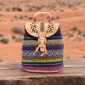 Laser cut cork with colorful textile backpack.